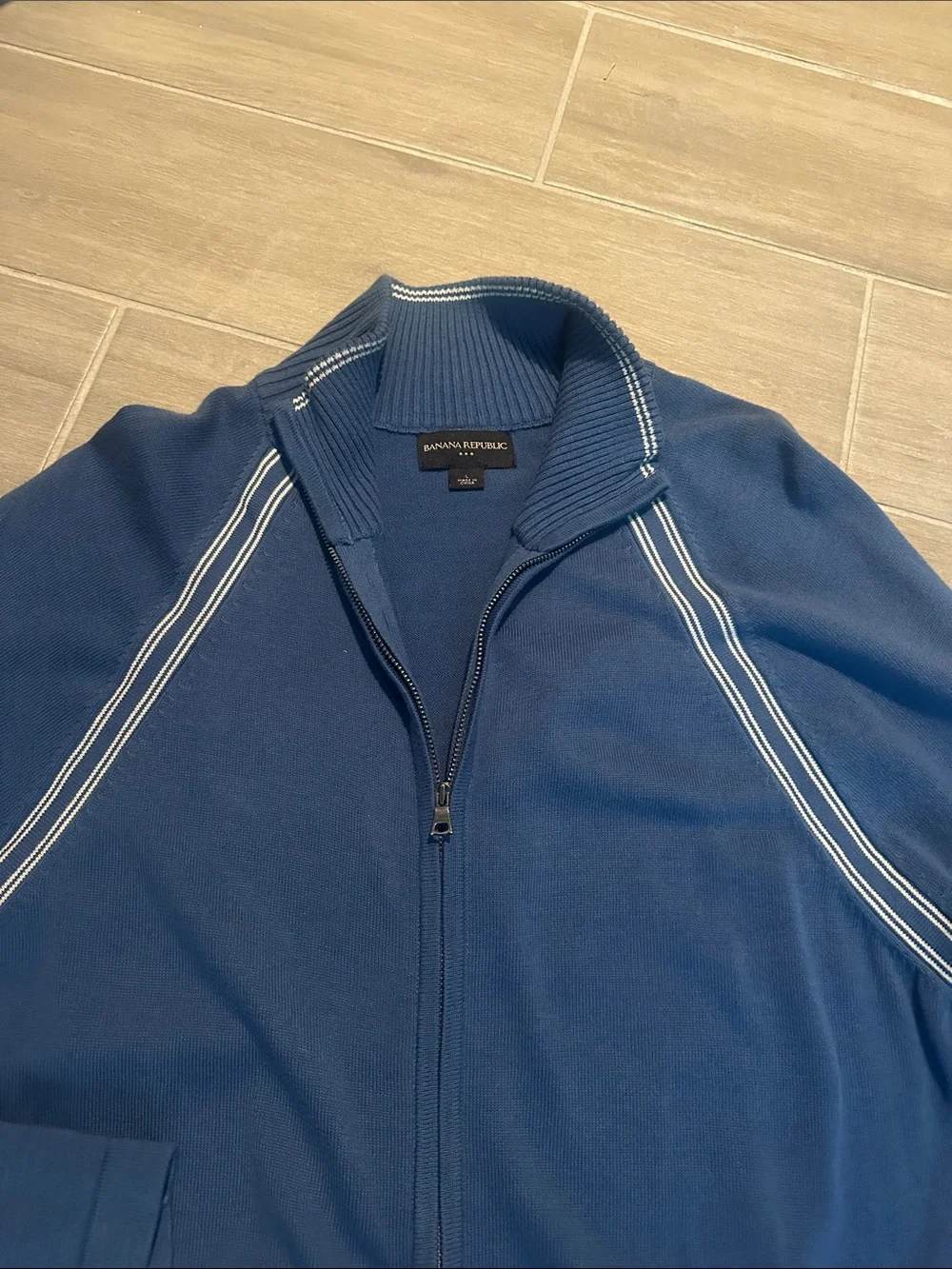 Banana Republic Blue Zip-Front Lightweight Jacket with White Stripe